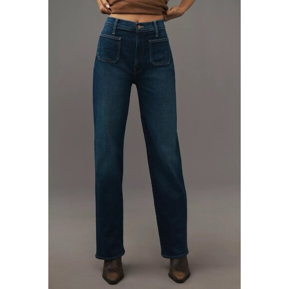 Mother Patch Pocket Rambler Zip Sneak Jeans Womens 24 Blue Straight Wide Leg NWT